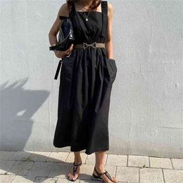 Women Solid Dress Summer Sleeveless Pockets Strap Large Size Casual Loose Long Big Swing Sundress 210603