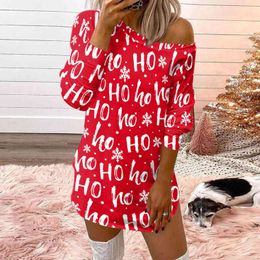 Woman Dress Fashion Casual Women Dresses Christmas Prints O-Neck Off-Shoulder Long Sleeves Sweatshirts Dress Vestido De Mujer Y1204