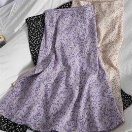 Floral Purple Print Ruffle Pleated Long Skirts Summer Women Korean Style Streetwear Drawstring Elastic Waist Midi Skirt 210412