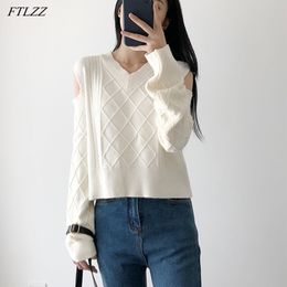 Winter Sexy V-neck Off Shoulder Knitted Sweater Casual Loose Street Thick Warm Woolen Pullovers 210423