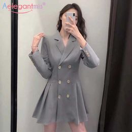 Aelegantmis Elegant Gray Blazer Dresses Women Button Vintage Mini Feminino Long Sleeve Slim Dress Vestidos Spring Autumn 210607