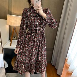 High-quality Spot 2021 Flowers Chiffon Dress Long-sleeved Winter And Autumn Long-length Waist Vestido Midi Elegante Bow 0998 Casual Dresses