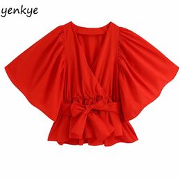 Fashion Summer Tops Women V Neck Batwing Sleeve Red Top Female Elastic Waist With Belt Kimono Blouse blusas BBWM2545 210514
