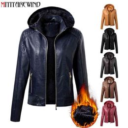 Arrival Autumn Winter PU Leather Coat Women Fashion Hooded Collar Velvet Keep Warm Short Women's Leather Jacket S-XL 210916