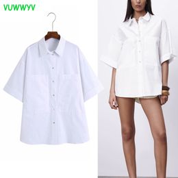 VUWWYV White Oversized Poplin Shirt Women Summer Casual Blue Striped Button Up Shirts Woman Short Sleeve Long Top Pocket 210430