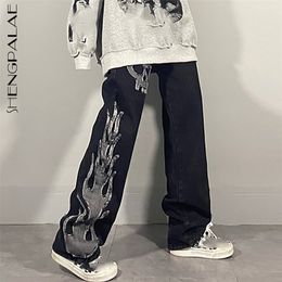 SHENGPALAE Dark streetwear Wash Jean's Spring High Waist Trendy Straight Tube Wide Leg Skeleton Denim Pants 210809
