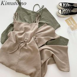 Kimutomo Solid Color Suspender Jumpsuit Women Summer Korean Ladies Drawstring High Waist Wide Leg Casual Jumpsuits 210521