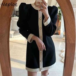 Temperament Korean Small Fragrance Dress Women High Waist Hip Straight Knee Length Vestdios O Neck Long Sleeve Robe Slim 210422