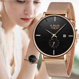 LIGE listing Luxury Women Dress Gold Watch Simplicity Casual Date Quartz Clock High Quality Women's Watches Montre Femme 210517