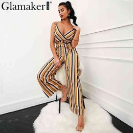 Glamaker Sexy multi stripe women jumpsuit romper Loose backless high waist summer jumpsuit long playsuit Beach wide leg overalls 210412