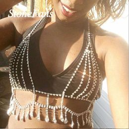 Stonefans Tassel Body Chain Rhinestone Bra Chain Top Jewelry for Women Sexy Bikini Crystal Body Harness Bra Jewelry Nightclub X0726