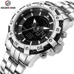 GOLDENHOUR Top Brand Fashion Casual Men Quartz Watch Mens Stainless Steel Waterproof Business Wristwatch Dual Display Male Clock 210517