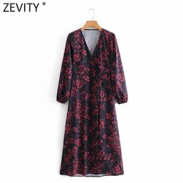 Women Elegant Cross V Neck Floral Print Casual Midi Dress Female Long Sleeve Buttons Kimono Vestidos Party Dresses DS4798 210420