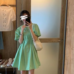 Summer Women's Green Dress Loose Large Size Pleated Solid Colour Puff Sleeve A-Line Beach Female Vestidos 210514