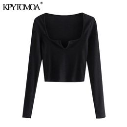 Women Sexy Fashion Cropped Ribbed Blouses Square Collar Long Sleeve Female Shirts Chic Tops 210420