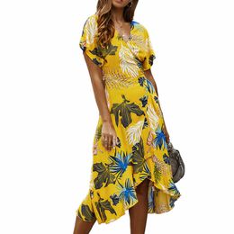 Beach Maxi Dress Women Floral Split Ruffle Sundress V Neck Dress Women Short Sleeve Casual Holiday Midi Dress Women Clothing X0521