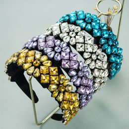 Vintage Colour Crystal Headband Luxury Geometric Diamond Padded Hairband Bridal Wedding Headwear Tiara Bezel