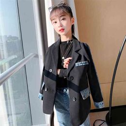 Korean Spring Kids Girls Denim Patchwork Jackets Children Western-style Clothes Double Button Loose Coats Toddler Jeans Tops 210622
