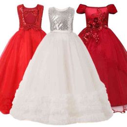 Elegant Girls Princess Dress for Wedding Evening Children Princess Party Pageant Red Long Gown Kids Sequined Bow Formal Clothes G1129