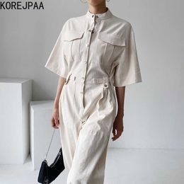 Korejpaa Women Jumpsuits Summer Korean Chic Simple Round Neck Metal Buttons High Waist Multi-Pocket Wide-Leg Casual Overall 210526