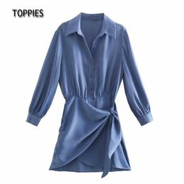 Toppies Vintage Blue Shirt Dress Women Long Sleeve Dresses Knot Bow Asymmetrical Hem Silk Satin 210412