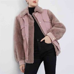 Women Winter Faux Fur Turndown Collar Thick Warm Overcoat Lamb Wool Jacket Polar Fleece Cotton Coat 210430