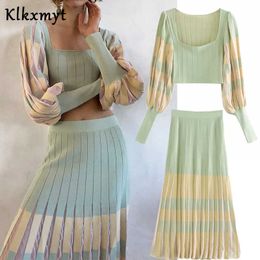 Klkxmyt two pieces set women vintage square collar pleated striped splicing sexy knitted sweater short tops long midi skirts 2ps 210527