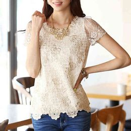 Round Neck blusas Mujer Summer Women's Tops Shirt Slim Short-Sleeved Lace Beaded Embroidery Flowers Chiffon 511H 210420