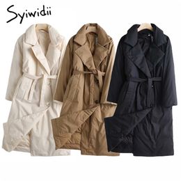 Syiwidii Woman Long Parkas Cotton Casual Warm Fall Loose Clothing for Women Jacket Single Breasted Winter Coats with Belt 211221