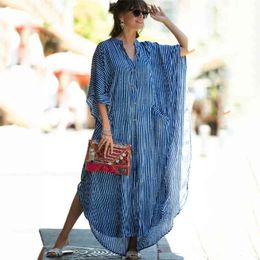 Casual Bikini Cover-ups Blue Tunic Sexy Striped Front Open Summer Beach Dress Elegant Women Wear Swim Suit Cover Up Q1097 210722