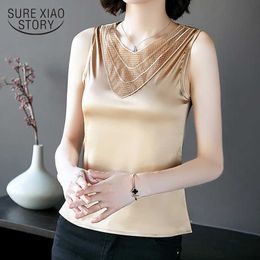 Summer Sleeveless V-Neck Ice Silk Vest Tops Simple Korean Slim Fit Lace Tops and Blouse Women Chemisier Femme 9915 210528
