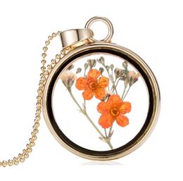 2021 9 Colours Clovers Gold Plated Dried Flower Necklace Round Pendant Clover Floating Locket Charm Necklace Dry Flower Pendant Necklaces