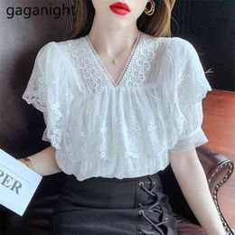 Women Mesh Patchwork Lace Blouses Elegant Embroidery Short Sleeve White Shirt Tops Back Up Loose Blusas 210601