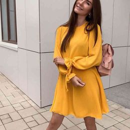 Women Casual Drawstring Loose Cute Mini Dress Colour Bright Yellow Dress Butterfly Sleeve Autumn Spring Holiday Dress Vestidos 210412