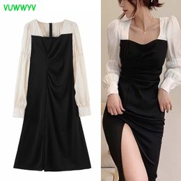 Korean Fashion Dresses for Women Black White Satin Fairy Midi Dress Woman Summer Long Puff Sleeve Vintage Pleated Vestidos 210430