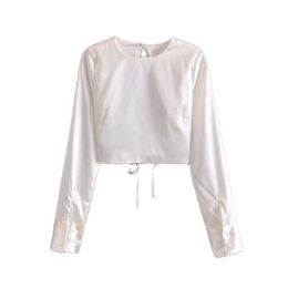 O-neck solid white long sleeve blouse lady Backless sexy slim short women's shirt Elegant fashion crop female 210430