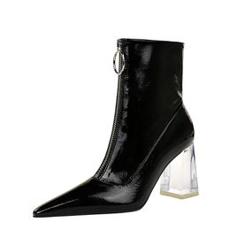 Patent Leather Women Boots Winter Transparent thick heelWoman Shoe Fashion Female Bootie Front Zipper Light White Boot