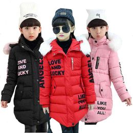 Withstand The Severe Cold Thick Keep Warm Winter Jacket For Girls Letter Hooded Kids Outerwear Teenager Long Windbreaker Coat 211111