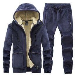 Designer Winter Thick Warm Fleece Mens Tracksuit Hooded 2 Piece Sets Hoodies Jacket+Pants Sporswear Casual Men Thermal Sweat Su