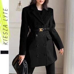Black Woollen Blazer For Women's Midi Winter Hepburn style Thick Slim Double Breasted Belt Wool Suit Jacket 210608