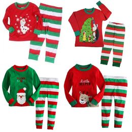 Boys Christmas Pyjamas 100% Cotton Children Red Santa T-Shirt Green Red White Striped Trouser Girls Sleepwear Tree Clothes 210413