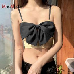 Aesthetic Bodycon Off Shoulder Strap Crop Top Camisole Women Summer Sleeveless Tee Kawaii Big Bow Fashion Cropped Bustier 210517