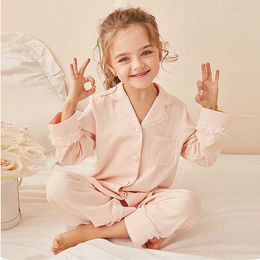 Children Girls Lolita Turndown Collar Pyjama Sets.Long sleeve Tops+Pants.Toddler Kids Lace Pyjamas set.Girl Sleepwear Loungewear 210908