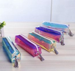 Transparent Laser Pencil Case Cute Stationery Tassels Bag Cosmetic Makeup for Women with Zipper School Office Travel