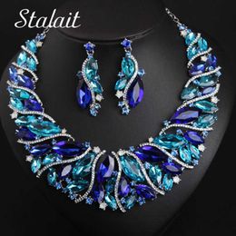 Vintage Statement Crystal Necklace Earrings Set Retro Dubai Bridal Jewelry Sets Women's Party Luxury Big Colorful Jewellery Gift H1022