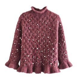 Sweet Chic Pearl Criss Cross Sweaters Women Fashion Ruffles Hem O-Neck Pullovers Elegant Ladies Long Sleeve Jumpers 210520