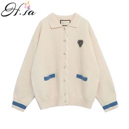 H.SA Women Vintage Sweater Coat Long Sleeve Turn Down Caollar Wave Knitted Cardigans Cute Heart Girls Sweaters Jackets 210417