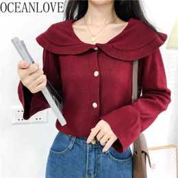 Solid Sweet Mujer Sueteres Ruffles Winter Clothes Cardigans Vintage Red Fashion Sweater Women Tops 18380 210415