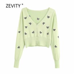 women fashion v neck butterfly embroidery knitting sweater ladies long sleeve cardigan sweaters chic casual tops S310 210420