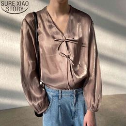 See Through Shirt Women Coffee Blusas Mujer De Moda Spring Blouse Loose Casaul Ladies Tops V-neck Lace Up 13032 210417